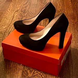 Wythe NY Darby 5” Platform Heels Almond Toe Black Suede Sz 38 EU/8 US *EUC*